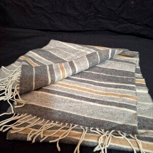 BARBAROSSA Italy Gray Tan Wool Blend Blanket Stripe 62” Fringe Scarf Muffler